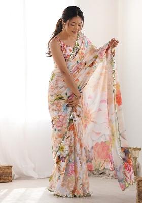 Blue Digital Print Chinon Saree Set