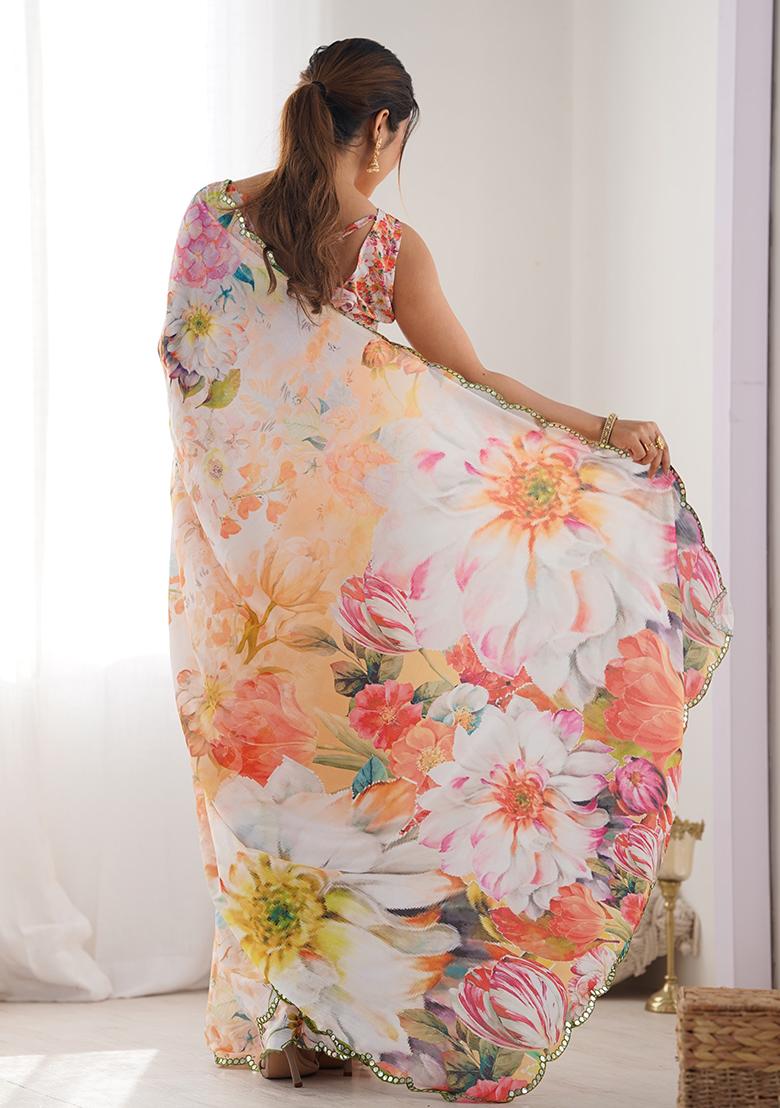 Blue Digital Print Chinon Saree Set