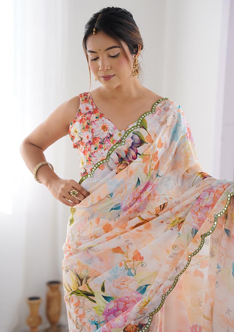 Blue Digital Print Chinon Saree Set - Indya