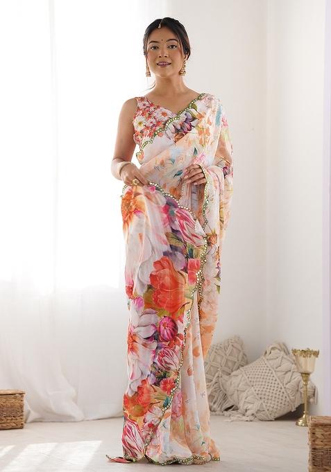 Blue Digital Print Chinon Saree Set