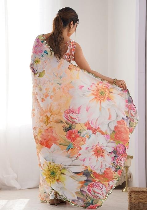 Blue Digital Print Chinon Saree Set