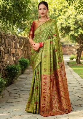 Light Green Traditional Silk Blend Saree Set