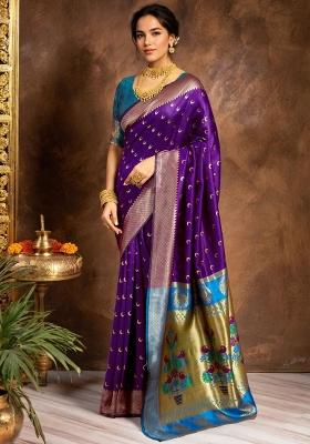 Purple Embroidery Silk Blend Saree Set