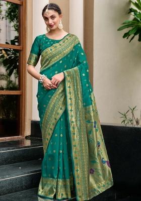 Green Floral Silk Blend Saree Set