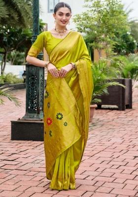 Lime Green Floral Silk Blend Saree Set