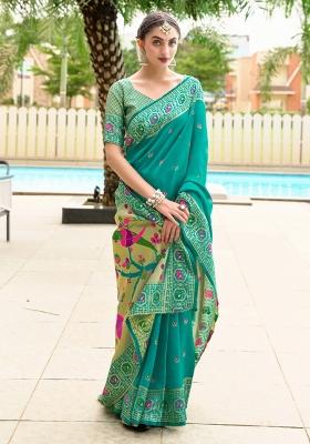 Green Floral Silk Blend Saree Set