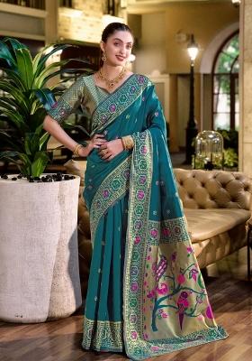 Teal Floral Silk Blend Saree Set