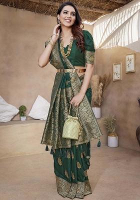 Green Floral Silk Blend Saree Set