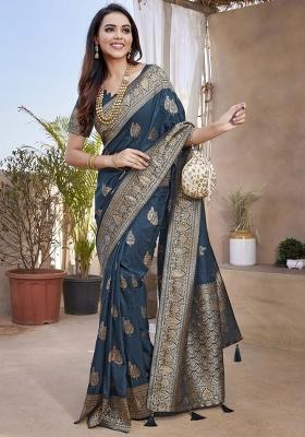 Teal Floral Silk Blend Saree Set