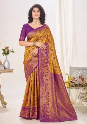 Yellow And Purple Sequin Work Silk Saree Set
