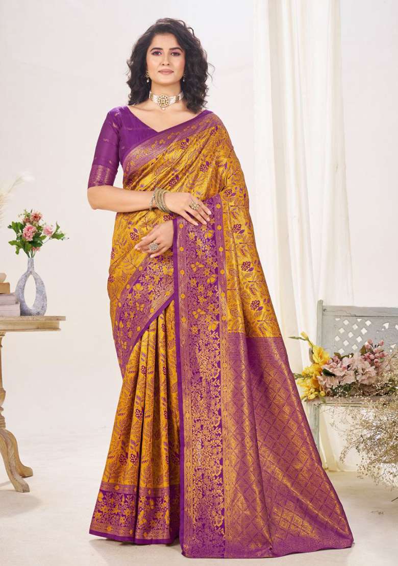 Yellow And Purple Sequin Work Silk Saree Set - Indya