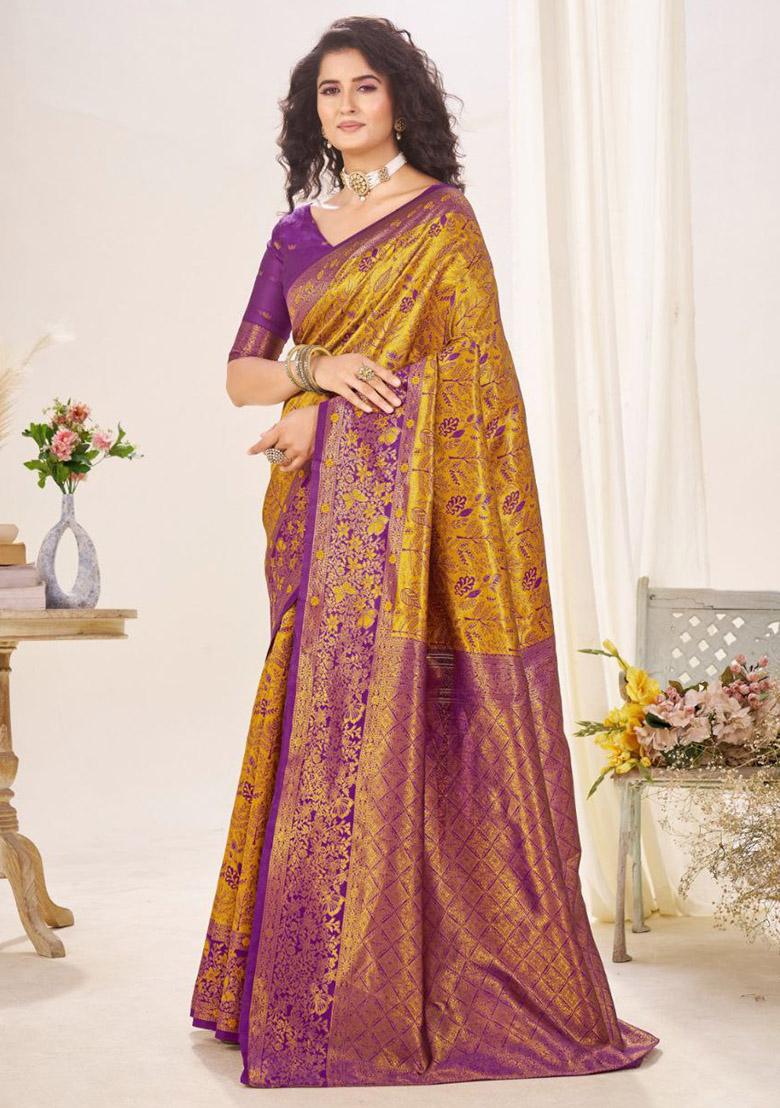 Yellow And Purple Sequin Work Silk Saree Set - Indya