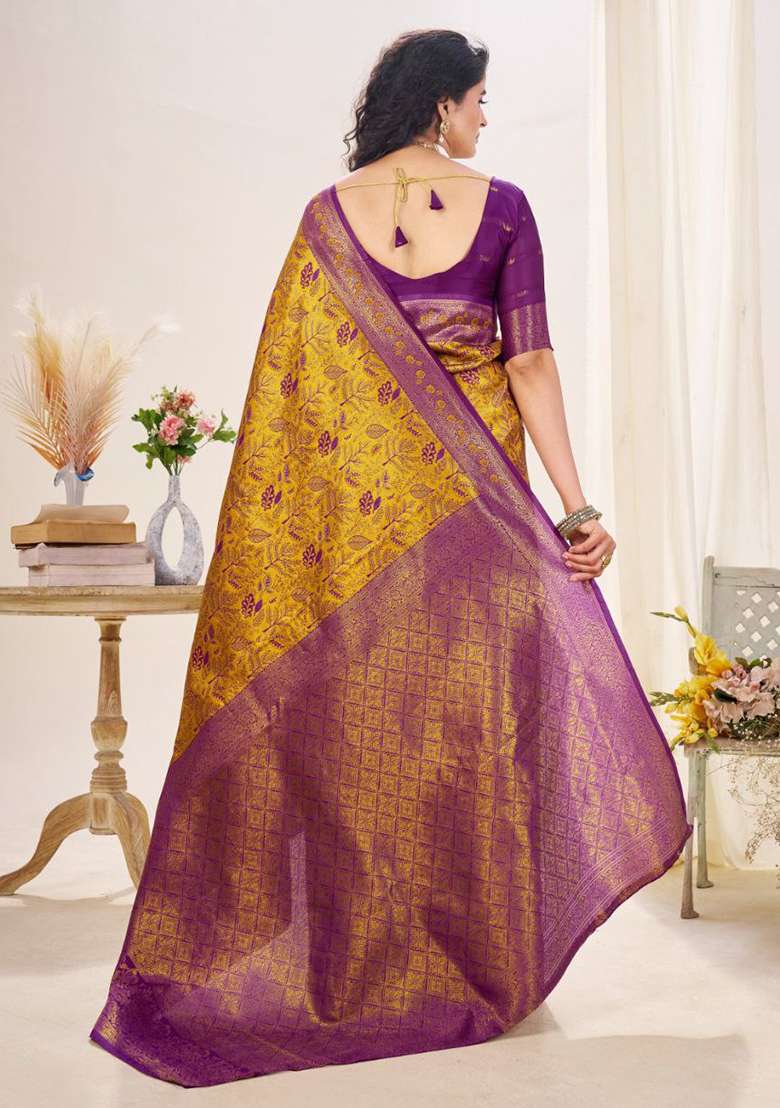 Yellow And Purple Sequin Work Silk Saree Set - Indya