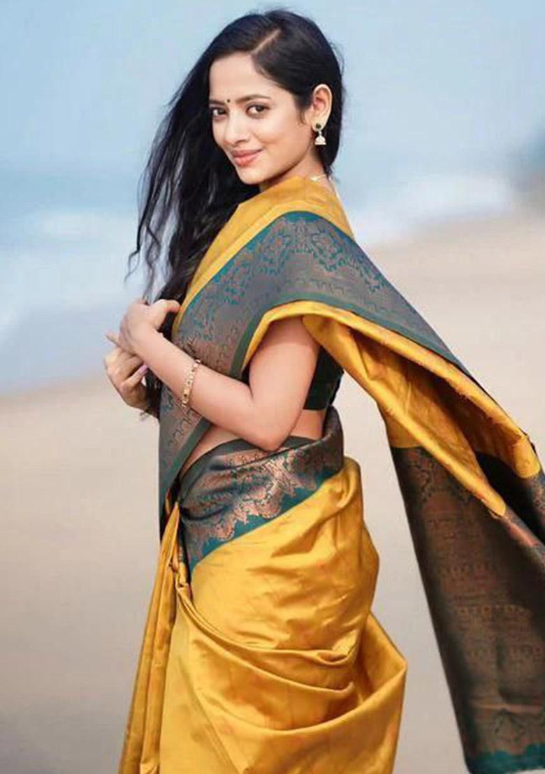 Yellow And Dark Green Sequin Work Silk Saree Set