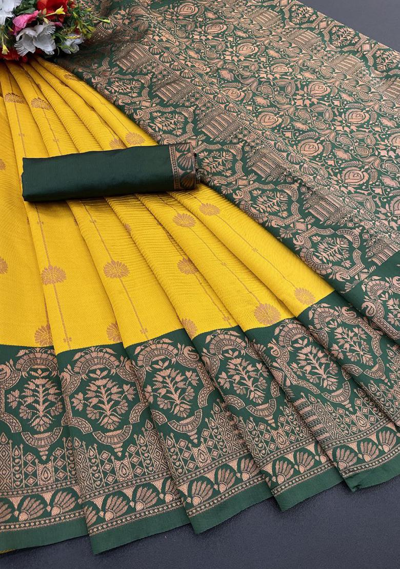 Yellow And Dark Green Sequin Work Silk Saree Set