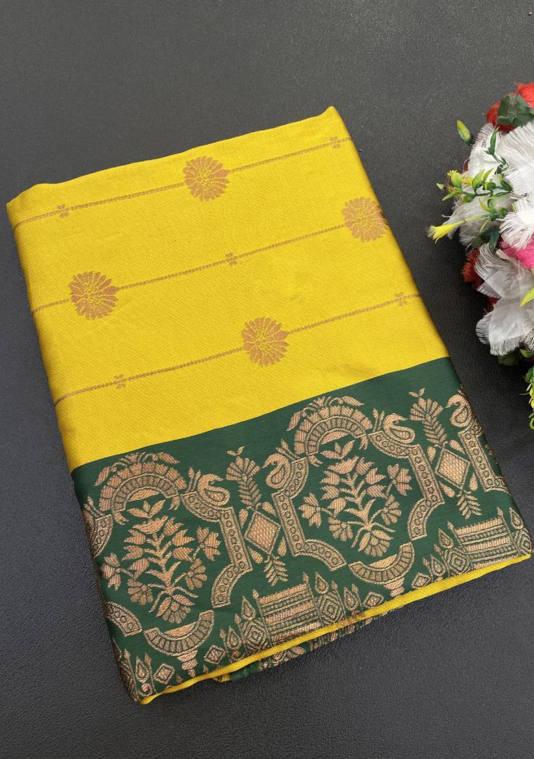 Yellow And Dark Green Sequin Work Silk Saree Set