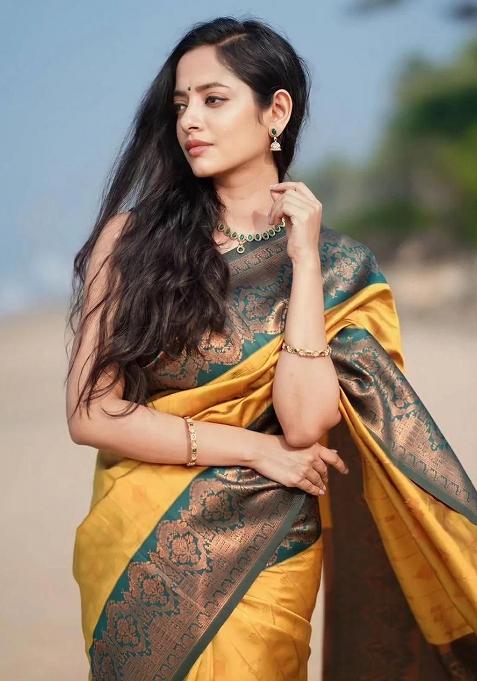 Yellow And Dark Green Sequin Work Silk Saree Set