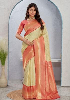 Cream Peach Sequin Work Silk Saree Set
