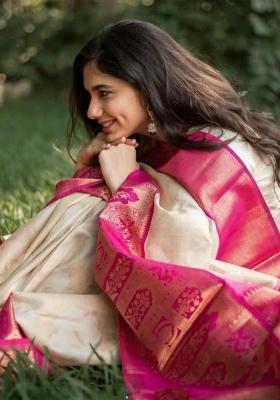 Off White Pink Sequin Work Silk Saree Set