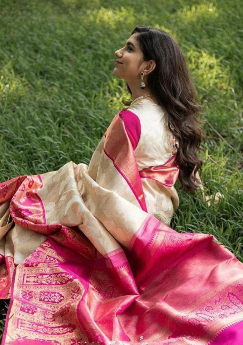 Off White Pink Sequin Work Silk Saree Set - Indya