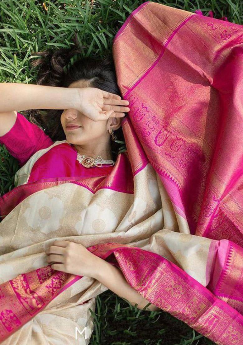 Off White Pink Sequin Work Silk Saree Set - Indya