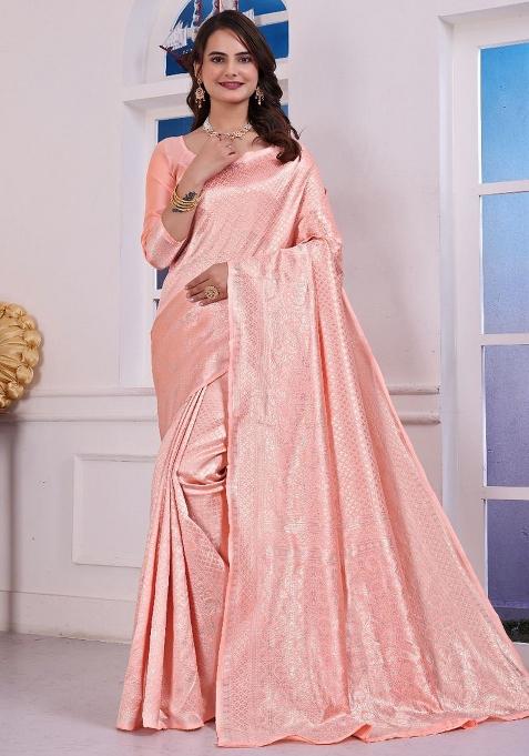 Light Orange Pink Sequin Work Silk Saree Set