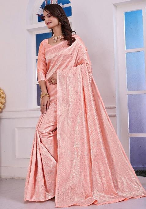 Light Orange Pink Sequin Work Silk Saree Set