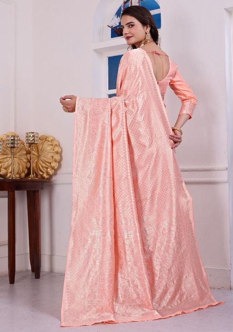 Light Orange Pink Sequin Work Silk Saree Set