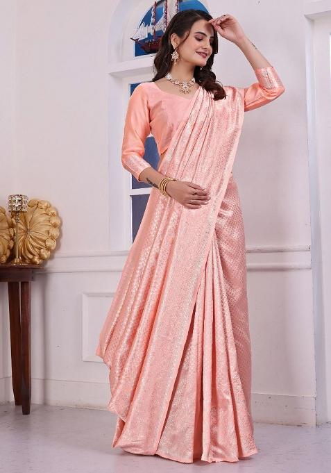 Light Orange Pink Sequin Work Silk Saree Set