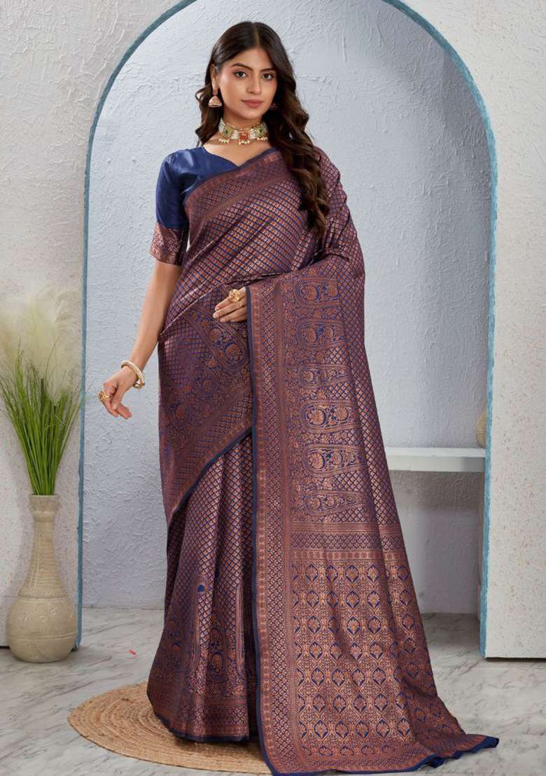 Navy Blue Sequin Work Silk Saree Set - Indya