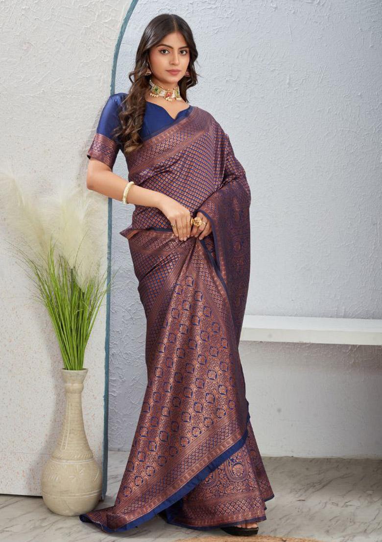 Navy Blue Sequin Work Silk Saree Set - Indya