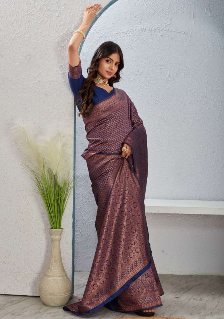Navy Blue Sequin Work Silk Saree Set - Indya