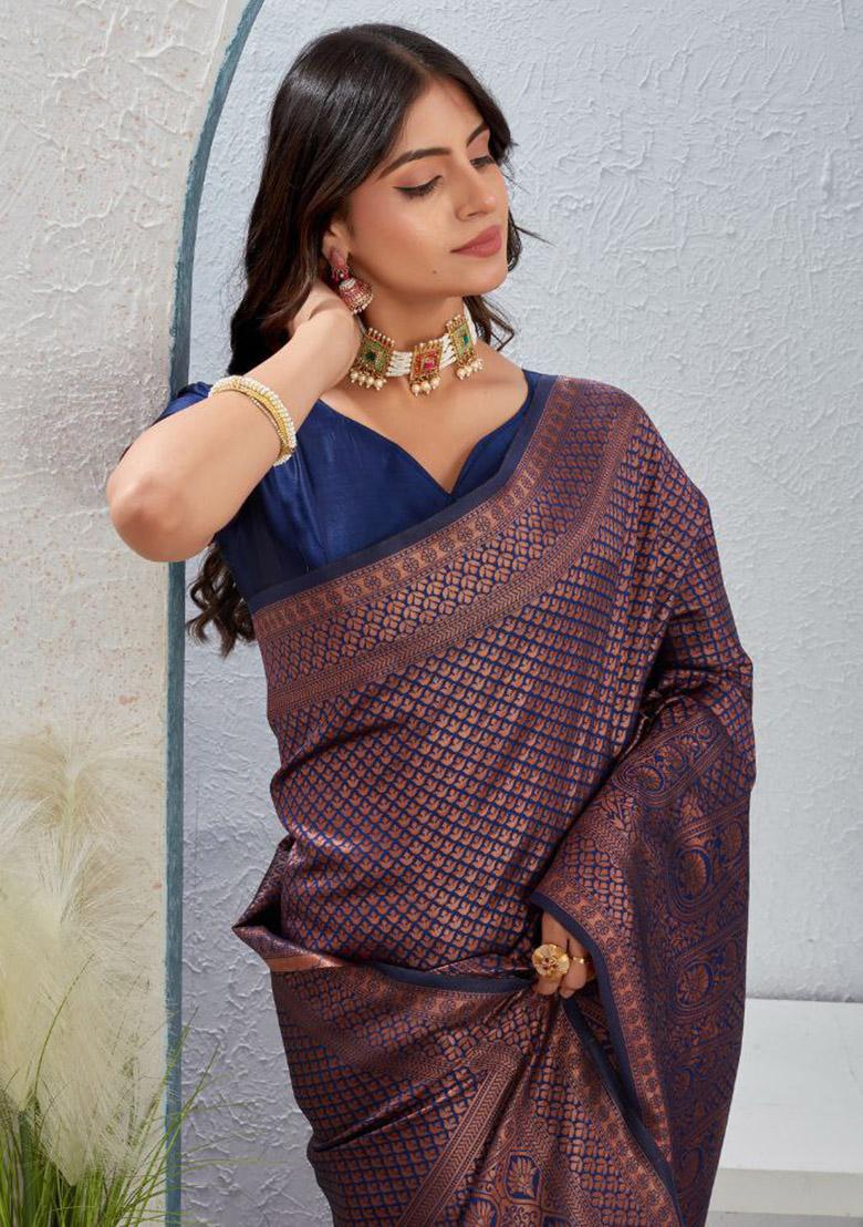 Navy Blue Sequin Work Silk Saree Set - Indya