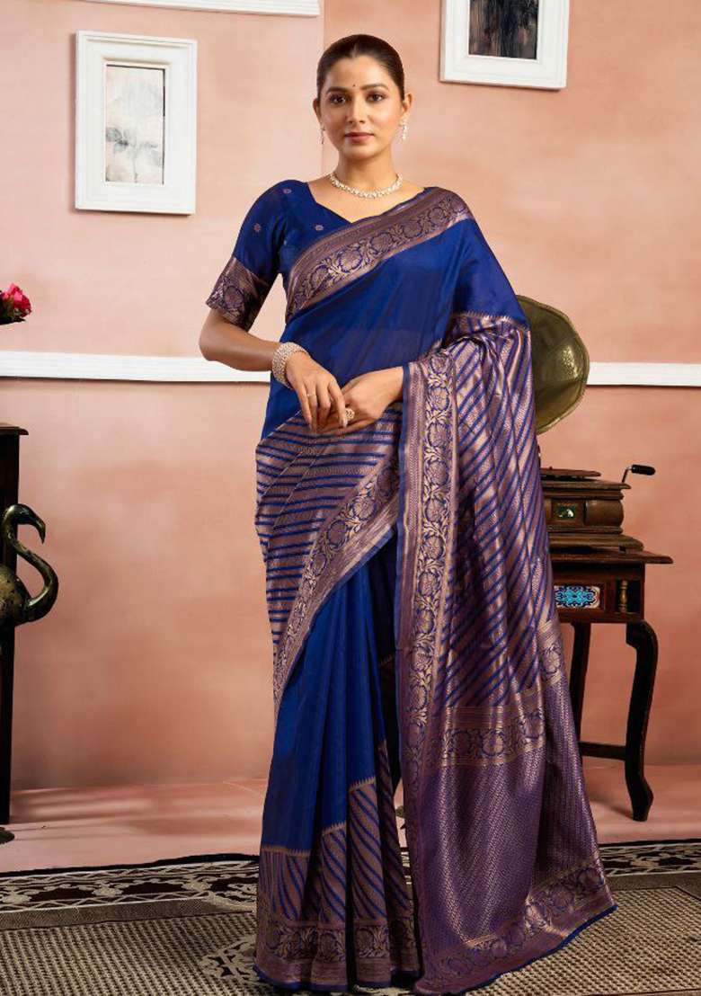 Navy Blue Sequin Work Silk Saree Set - Indya