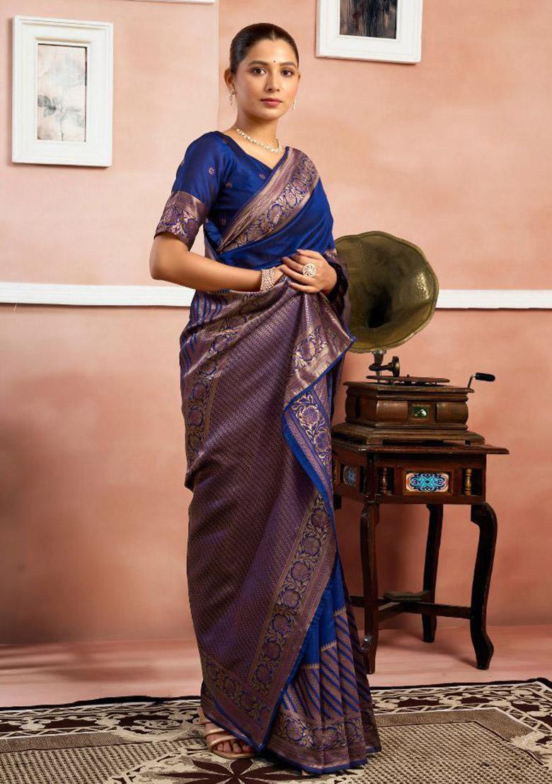 Navy Blue Sequin Work Silk Saree Set - Indya