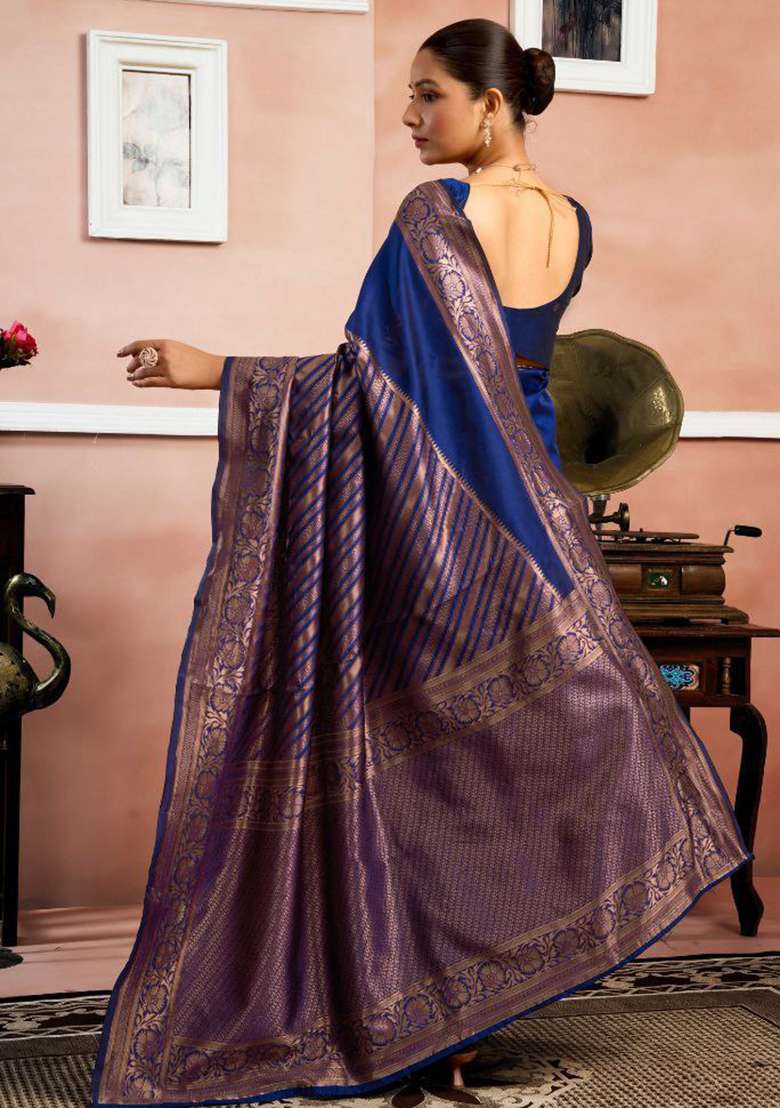 Navy Blue Sequin Work Silk Saree Set - Indya
