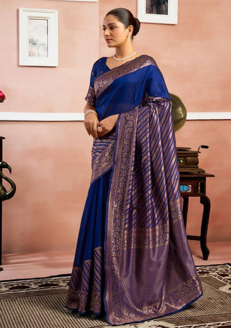 Navy Blue Sequin Work Silk Saree Set - Indya
