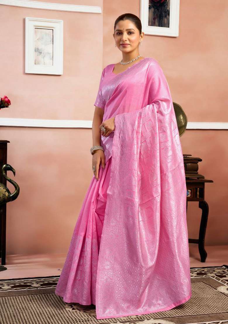 Pink Sequin Work Silk Saree Set - Indya