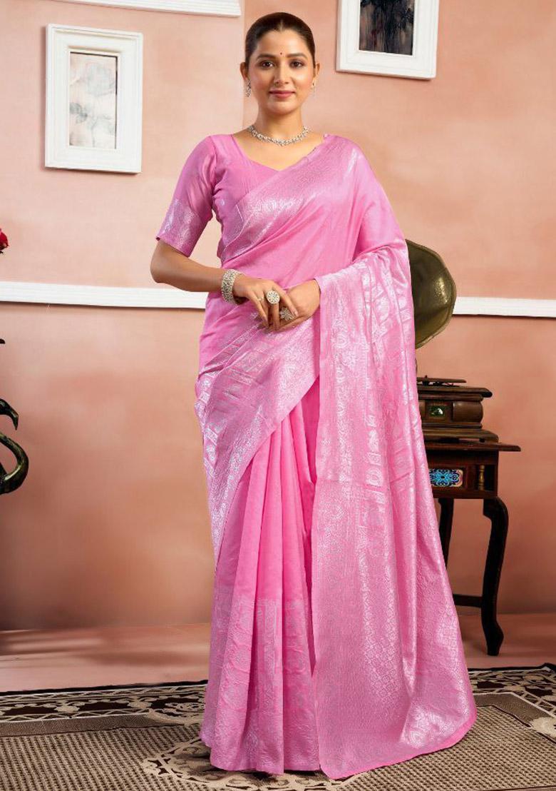 Pink Sequin Work Silk Saree Set - Indya