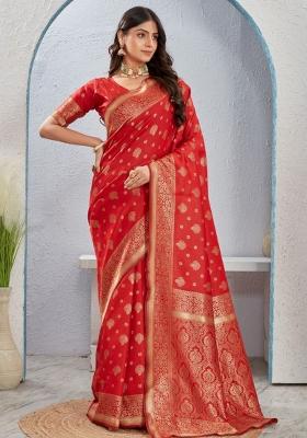 Red Sequin Work Silk Saree Set