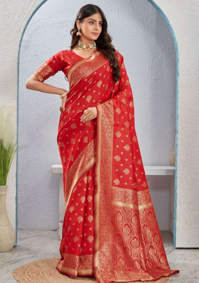 Red Sequin Work Silk Saree Set - Indya
