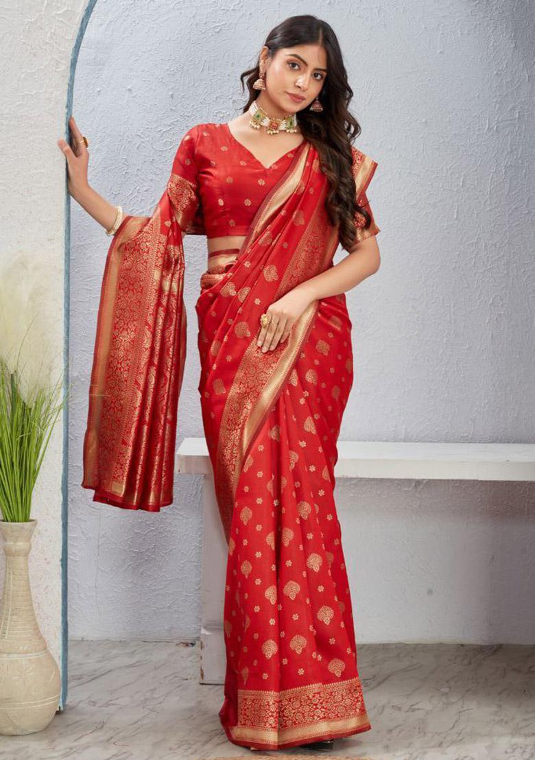 Red Sequin Work Silk Saree Set - Indya