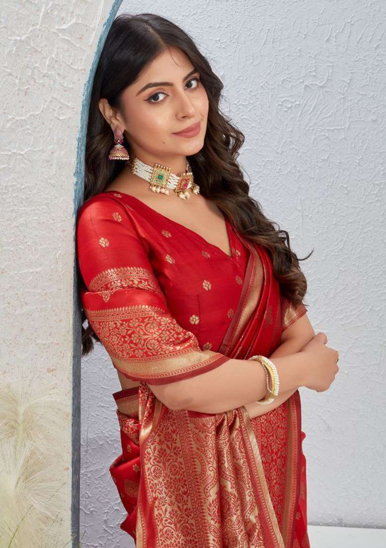 Red Sequin Work Silk Saree Set - Indya