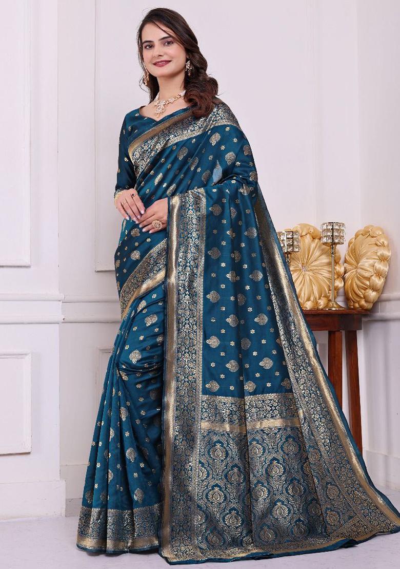 Teal Sequin Work Silk Saree Set