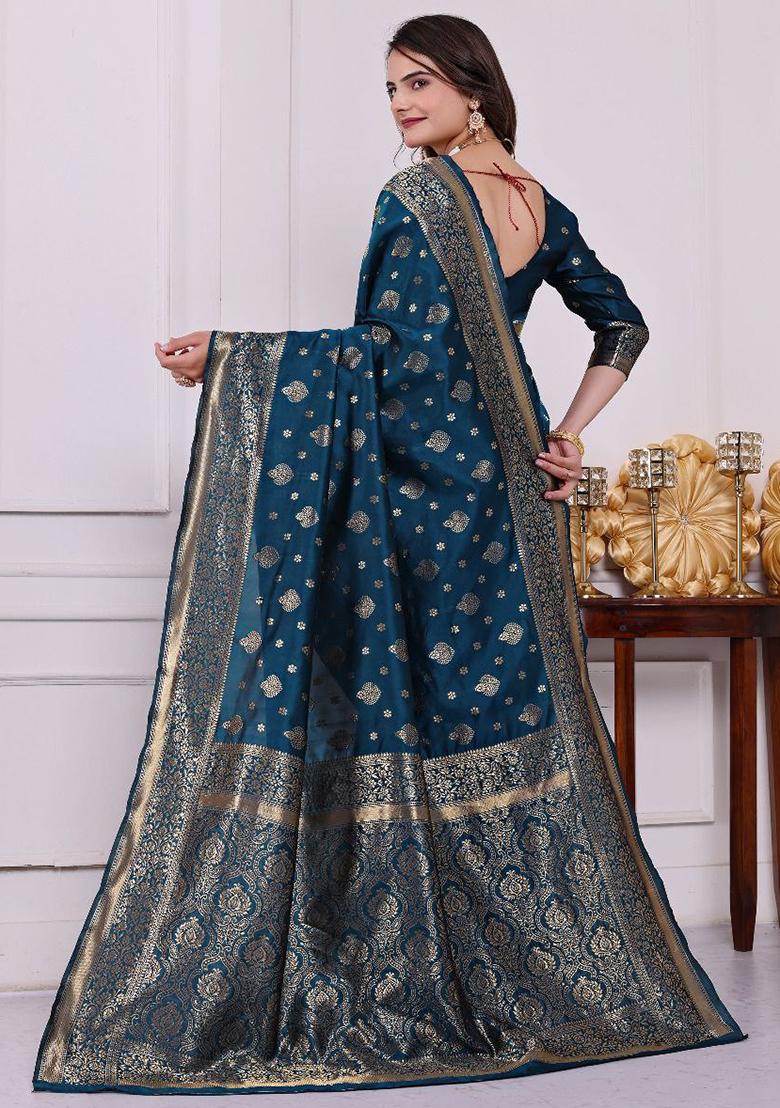 Teal Sequin Work Silk Saree Set