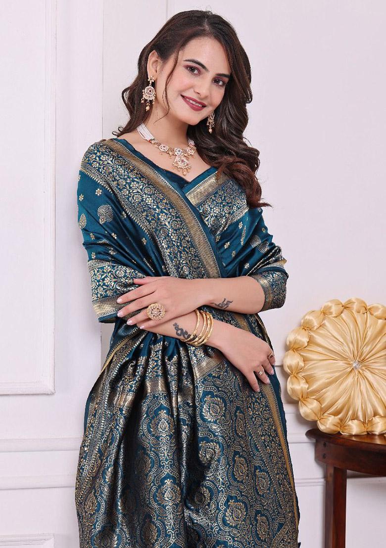 Teal Sequin Work Silk Saree Set