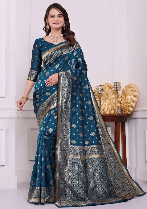 Teal Sequin Work Silk Saree Set