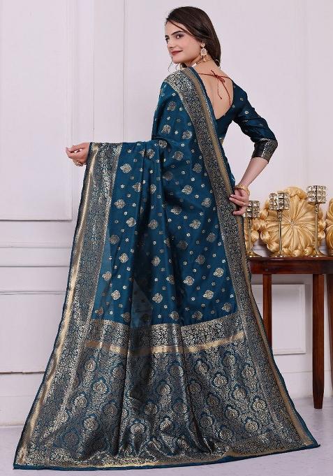 Teal Sequin Work Silk Saree Set