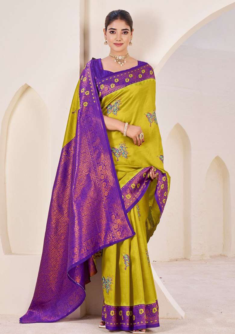 Mustard Yellow Sequin Work Silk Saree Set - Indya