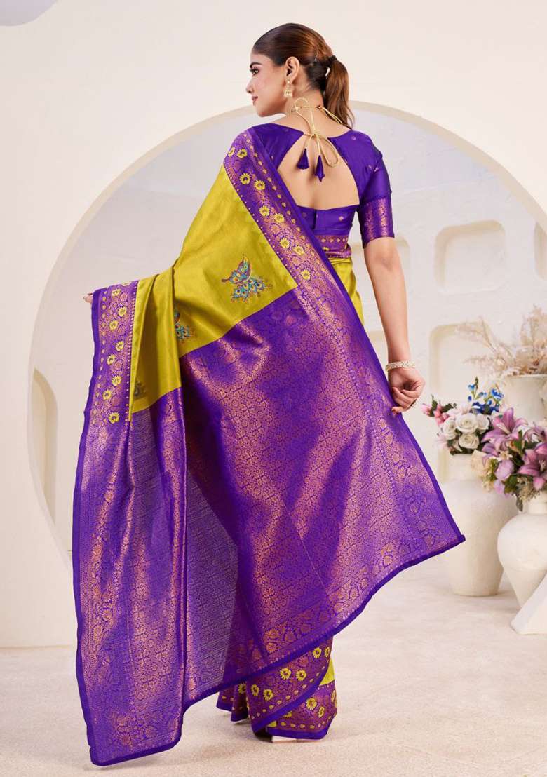 Mustard Yellow Sequin Work Silk Saree Set - Indya